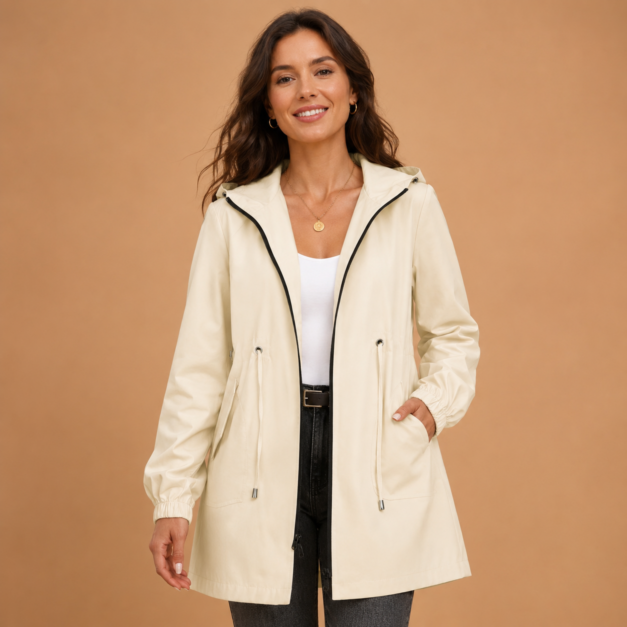 Regenjas Dames Lang – Waterafstotende Parka met Capuchon en Taillekoord – productaanzicht 7