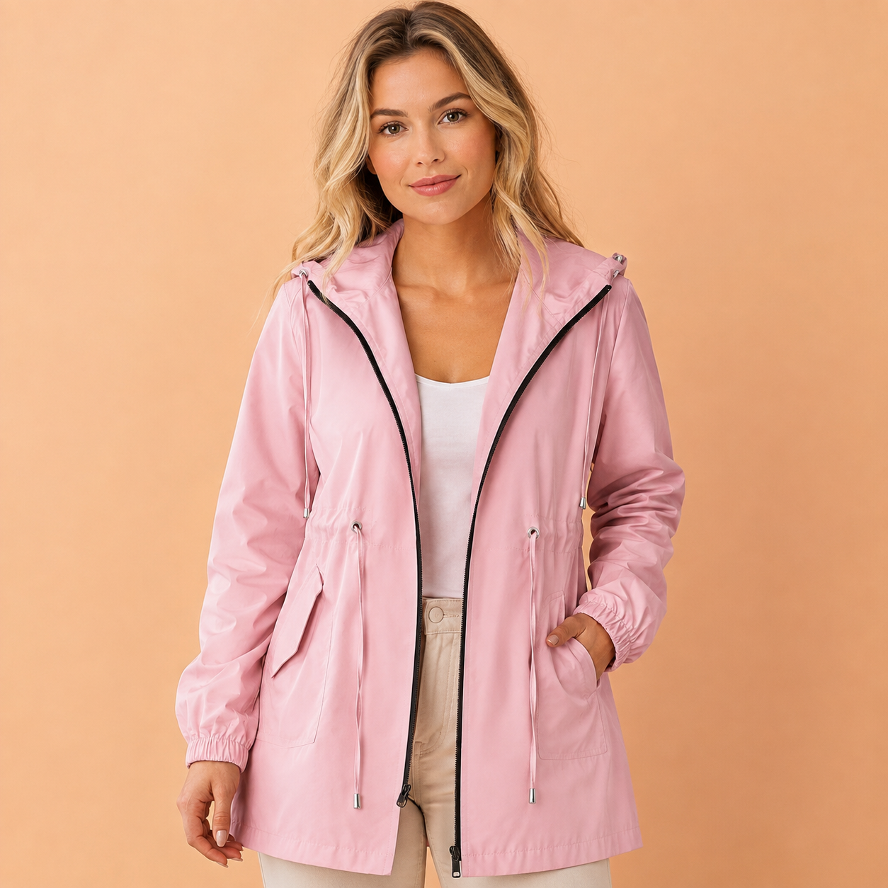 Regenjas Dames Lang – Waterafstotende Parka met Capuchon en Taillekoord – productaanzicht 9