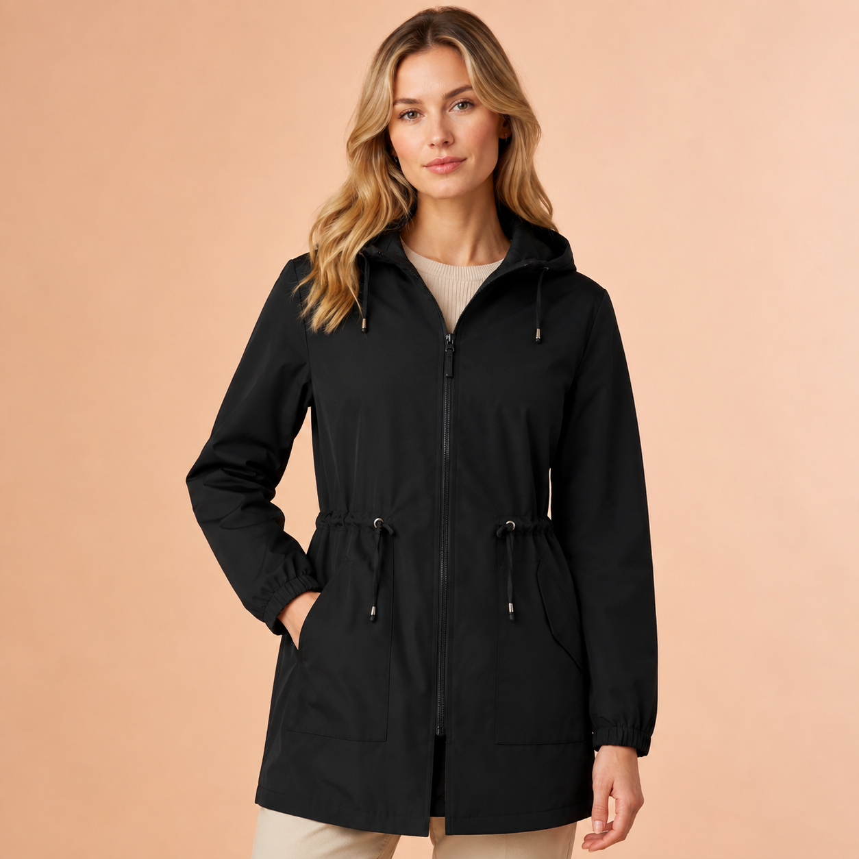 Regenjas Dames Lang – Waterafstotende Parka met Capuchon en Taillekoord – productafbeelding