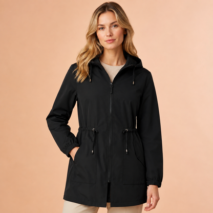 Regenjas Dames Lang – Waterafstotende Parka met Capuchon en Taillekoord – productafbeelding