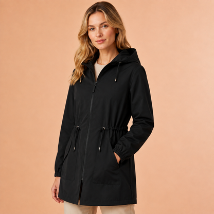 Regenjas Dames Lang – Waterafstotende Parka met Capuchon en Taillekoord – productaanzicht 2