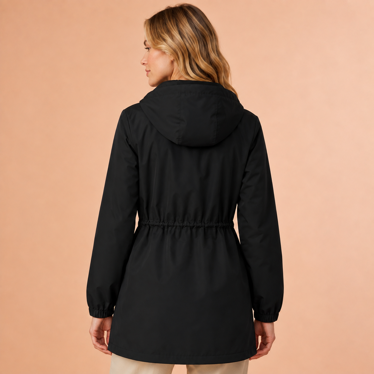 Regenjas Dames Lang – Waterafstotende Parka met Capuchon en Taillekoord – productaanzicht 3