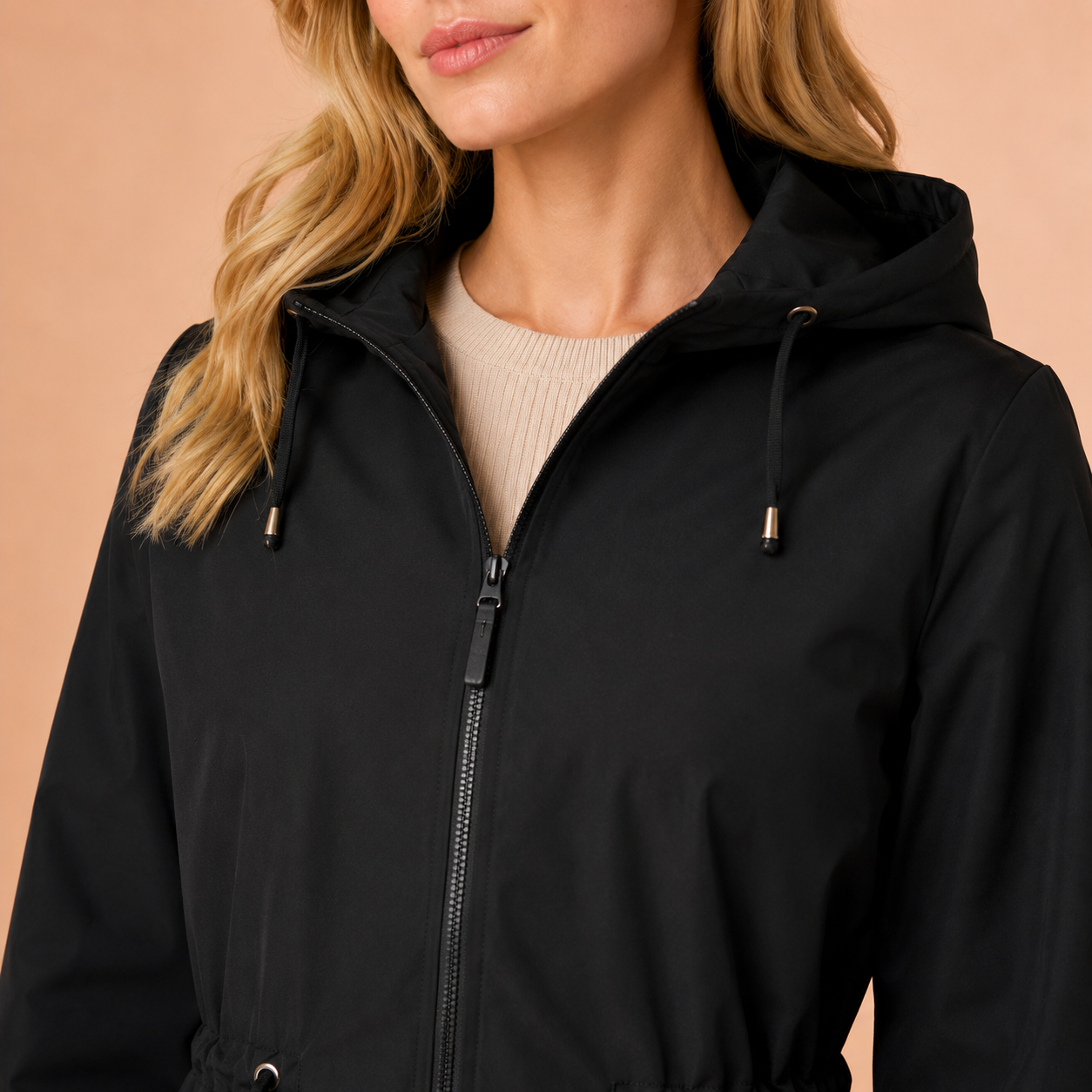 Regenjas Dames Lang – Waterafstotende Parka met Capuchon en Taillekoord – productaanzicht 4