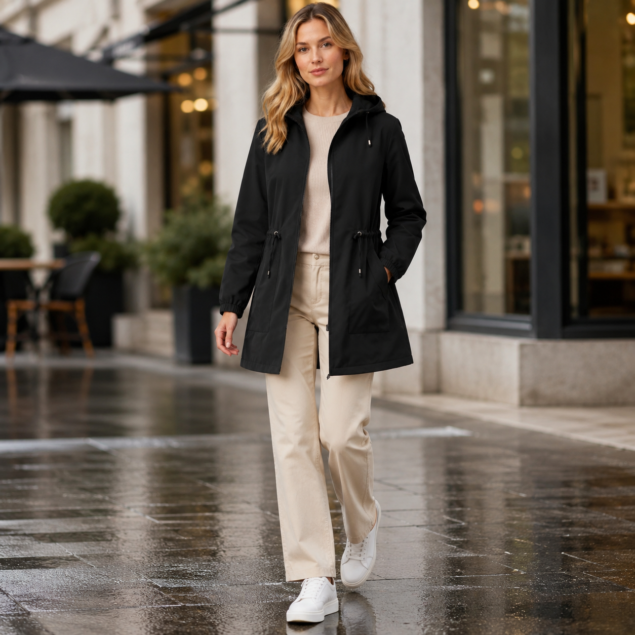Regenjas Dames Lang – Waterafstotende Parka met Capuchon en Taillekoord – productaanzicht 5