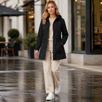 Regenjas Dames Lang – Waterafstotende Parka met Capuchon en Taillekoord – productaanzicht 5