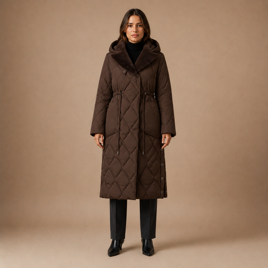 Lange winterjas dames met capuchon en hoge bontlook kraag