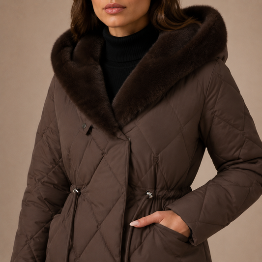 Lange winterjas dames met capuchon en hoge bontlook kraag