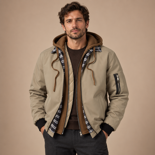 Tussenjas heren met capuchon en gelaagde look