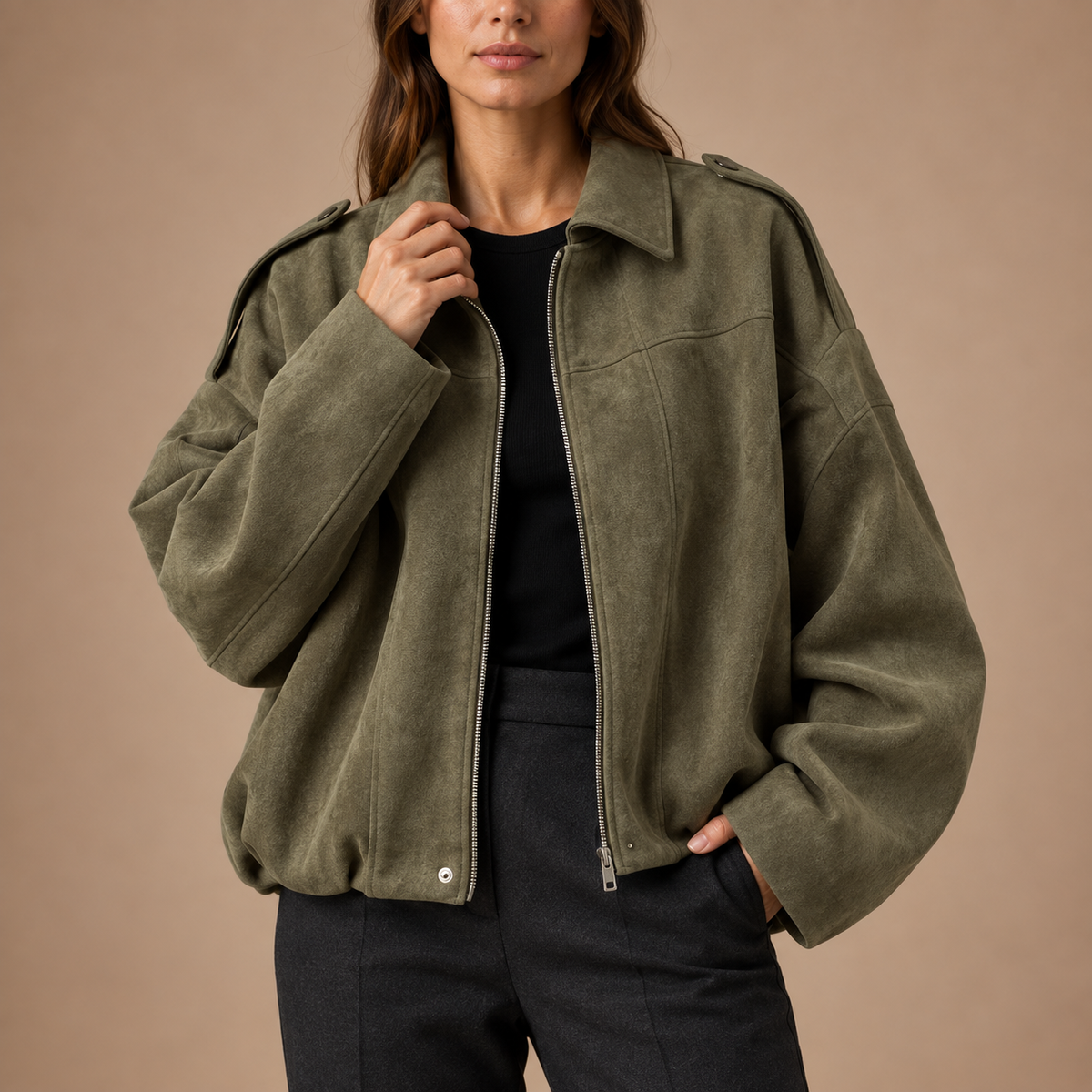 Oversized tussenjas dames in suèdelook met ritssluiting