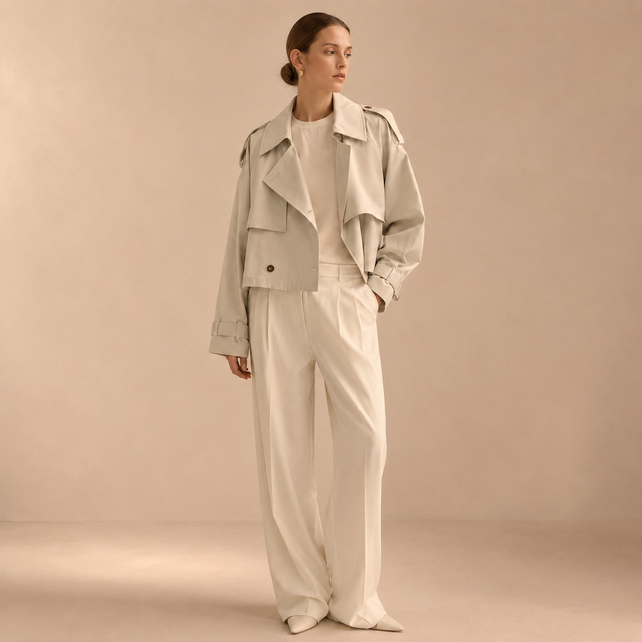 Trenchcoat Dames Kort – Cropped Tussenjas met Revers en Knopen – productaanzicht 5