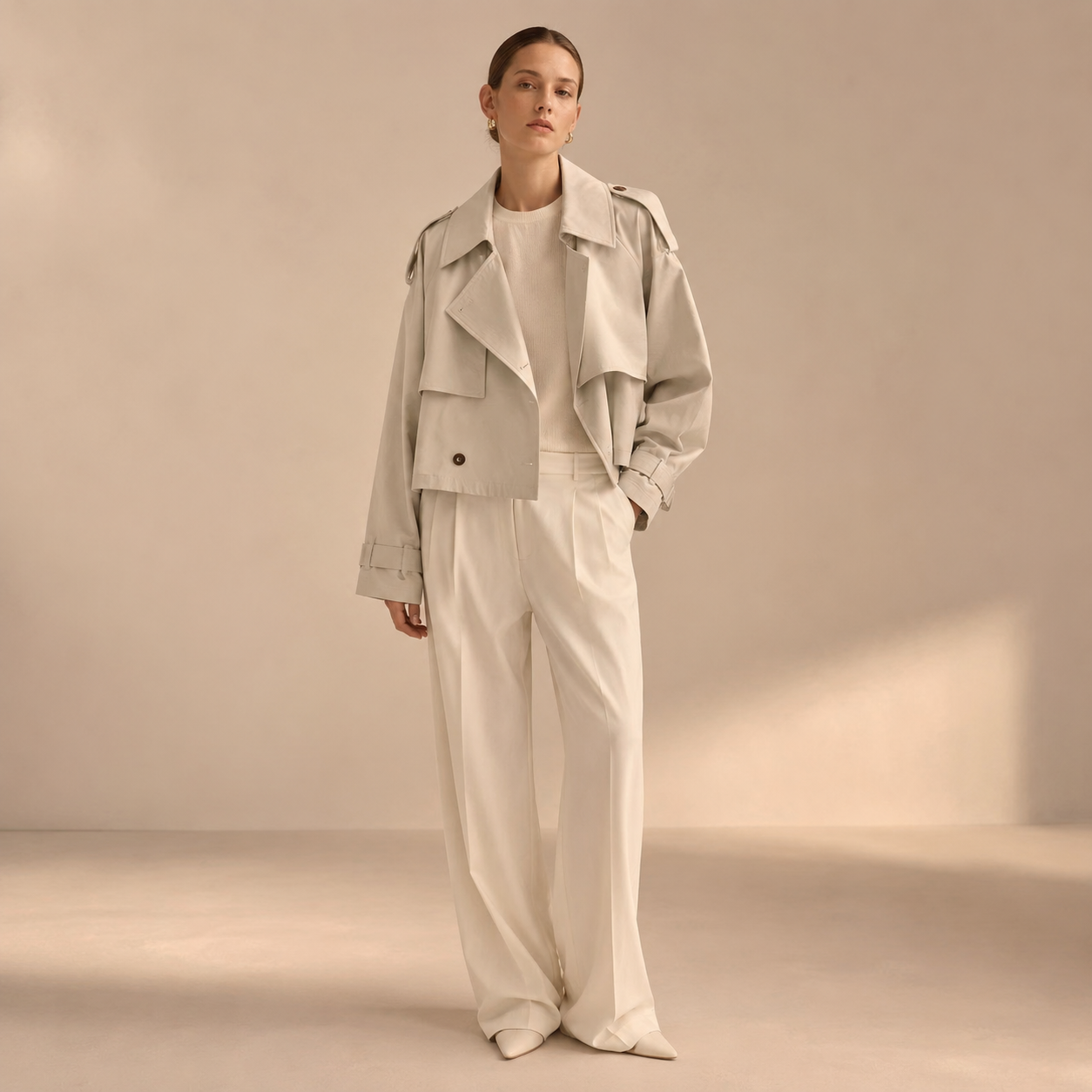 Trenchcoat Dames Kort – Cropped Tussenjas met Revers en Knopen – productaanzicht 6