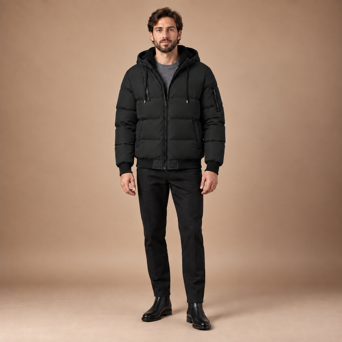 Winterjas heren met capuchon en pluche voering