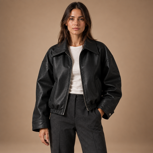 Oversized lederlook jas dames met kraag en ritssluiting