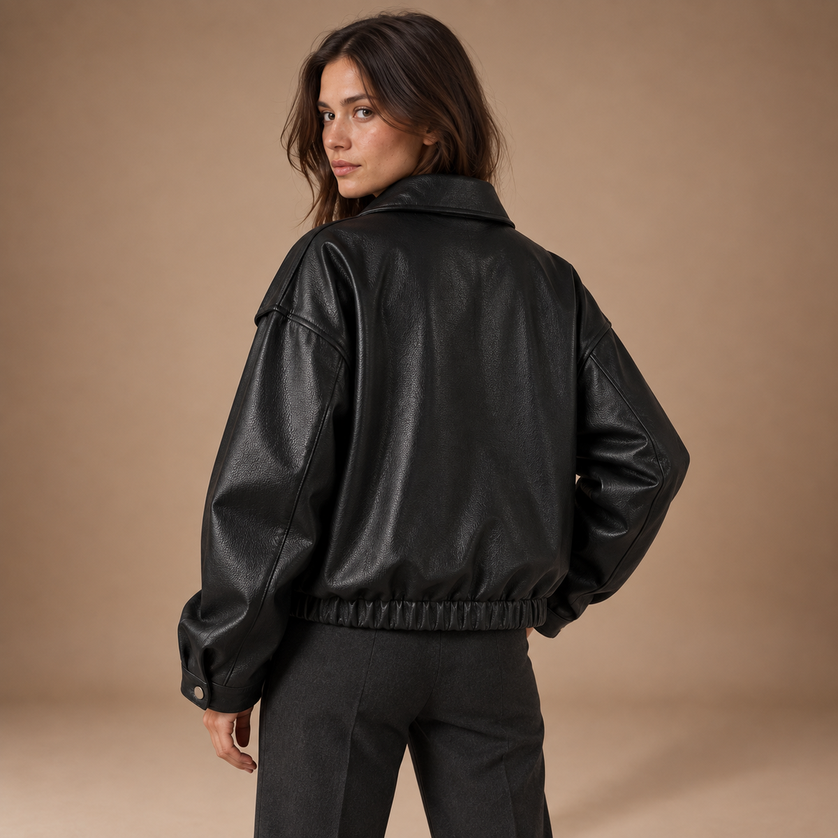 Oversized lederlook jas dames met kraag en ritssluiting