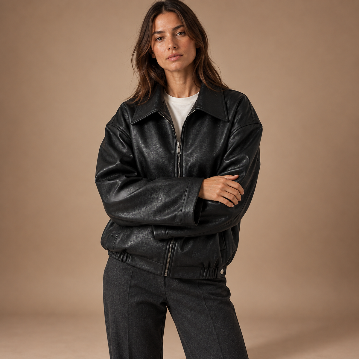 Oversized lederlook jas dames met kraag en ritssluiting