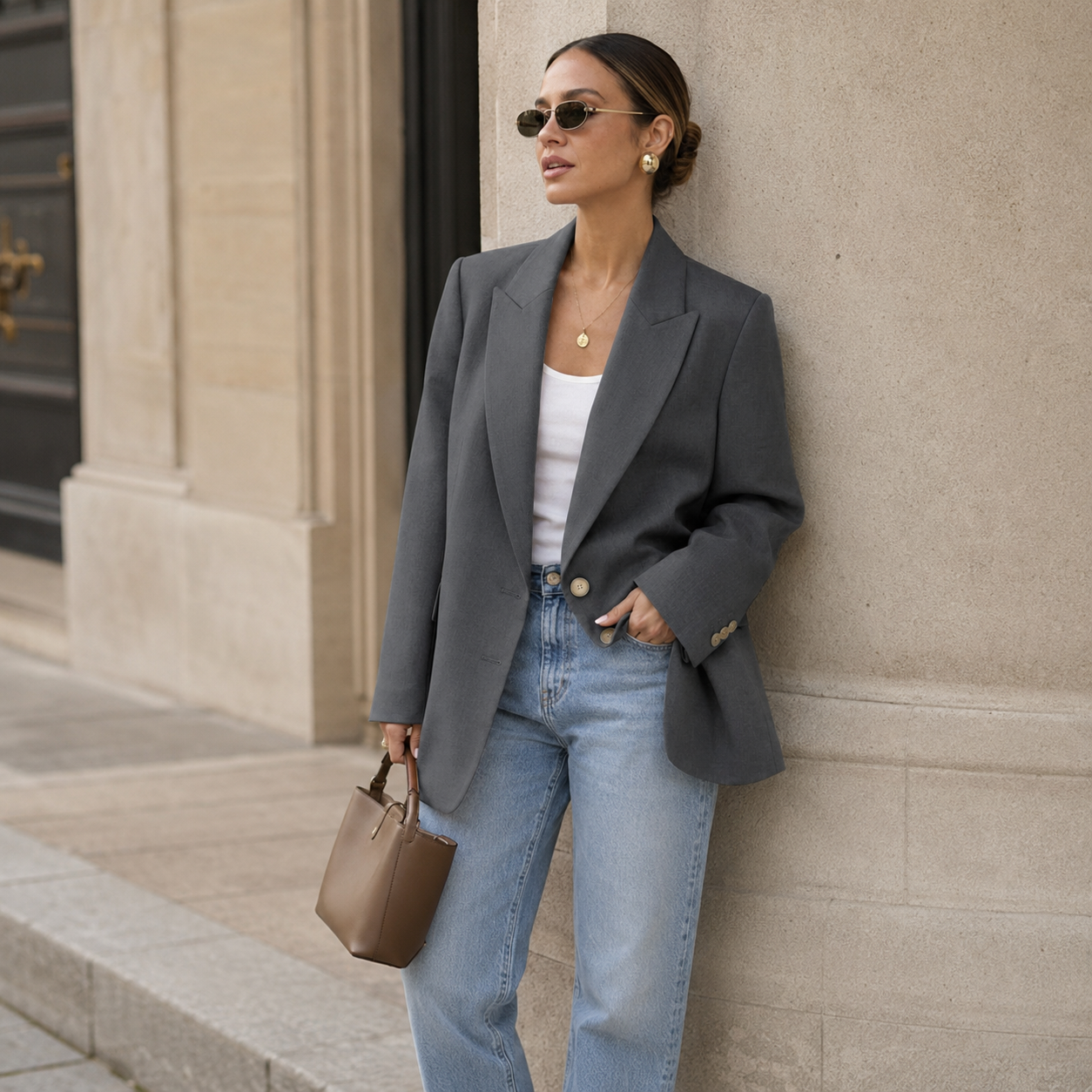 Blazer Dames Beige – Lange Colbert met Knopen en Zakken – productaanzicht 7
