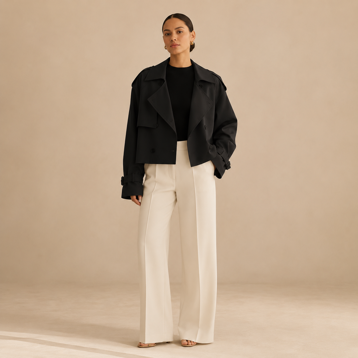 Trenchcoat Dames Kort – Cropped Tussenjas met Revers en Knopen – productaanzicht 3