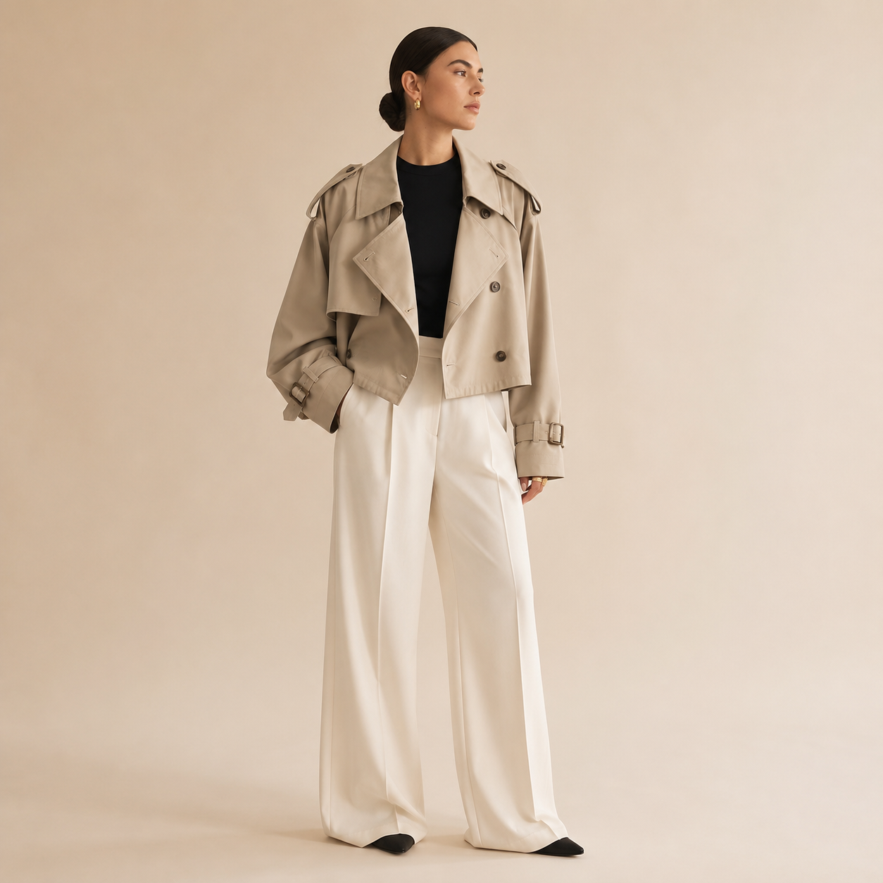 Trenchcoat Dames Kort – Cropped Tussenjas met Revers en Knopen – productafbeelding