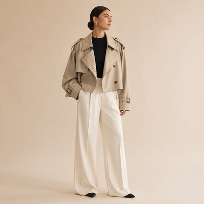 Trenchcoat Dames Kort – Cropped Tussenjas met Revers en Knopen – productafbeelding