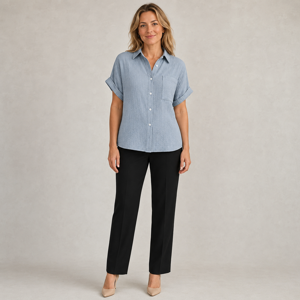 Dames Blouse Korte Mouw – Casual Model met Kraag, Borstzak en Knoopsluiting