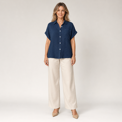Dames Blouse Korte Mouw – Casual Model met Kraag, Borstzak en Knoopsluiting