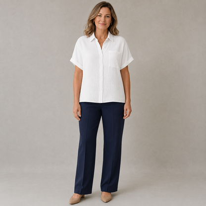 Dames Blouse Korte Mouw – Casual Model met Kraag, Borstzak en Knoopsluiting