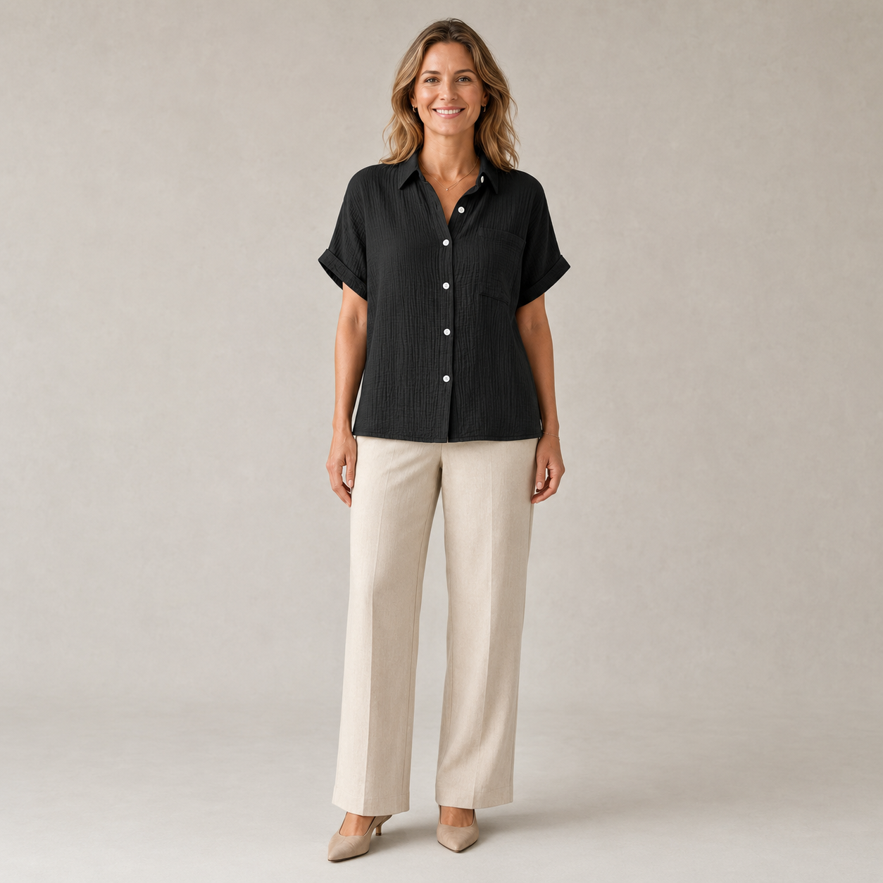 Dames Blouse Korte Mouw – Casual Model met Kraag, Borstzak en Knoopsluiting