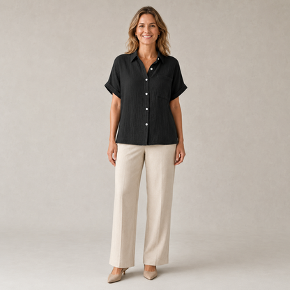 Dames Blouse Korte Mouw – Casual Model met Kraag, Borstzak en Knoopsluiting