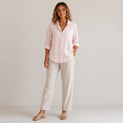 Dames Blouse Lange Mouw – Lange Blouse met Kraag en Knoopsluiting