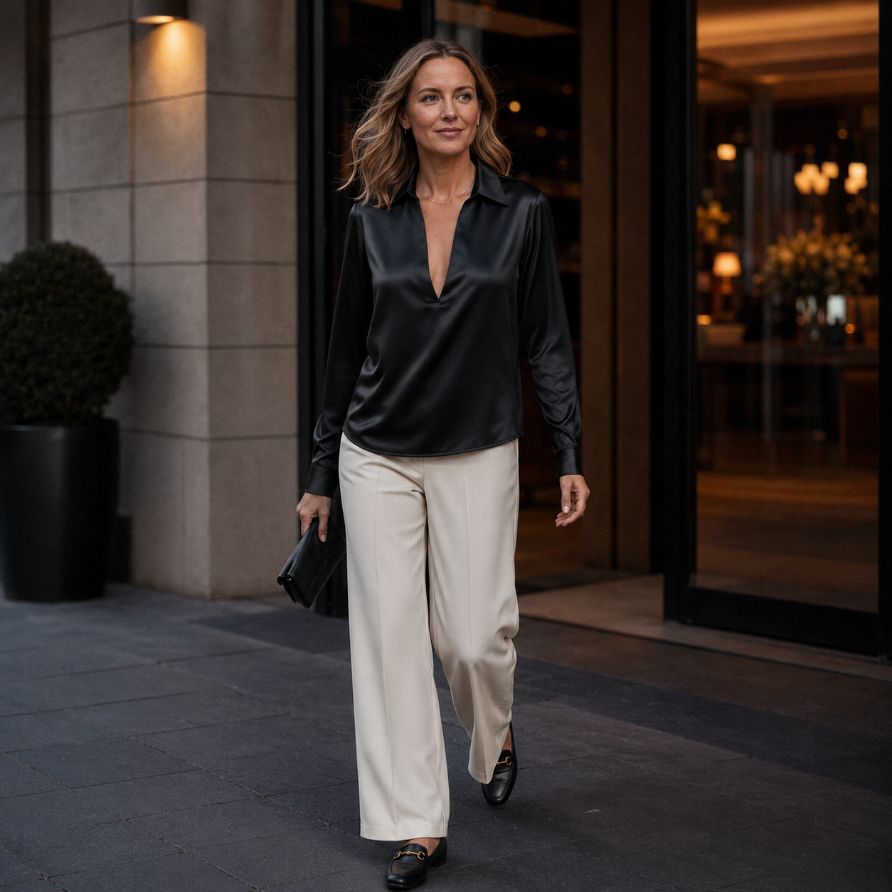 Dames Blouse Satijn – Lange Mouw, V-Hals, Kraag en Glanzende Afwerking