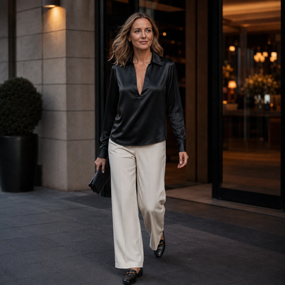 Dames Blouse Satijn – Lange Mouw, V-Hals, Kraag en Glanzende Afwerking