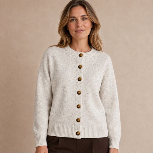 Dames Vest Wit – Gebreid Cardigan met Knopen, Ronde Hals en Lange Mouwen