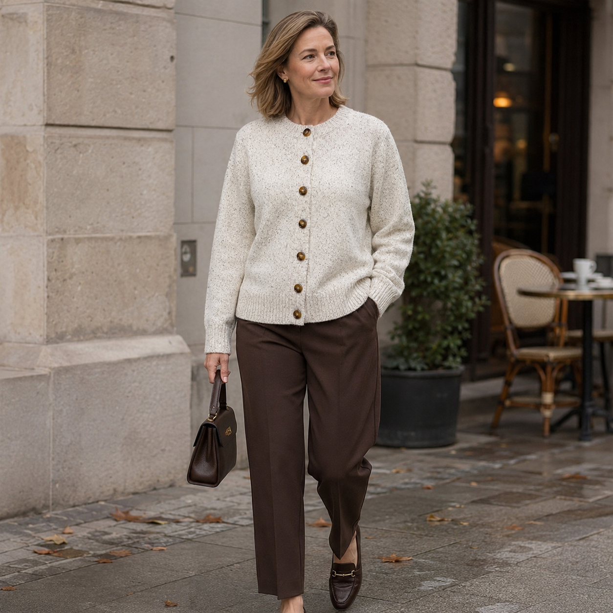 Dames Vest Wit – Gebreid Cardigan met Knopen, Ronde Hals en Lange Mouwen