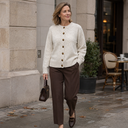Dames Vest Wit – Gebreid Cardigan met Knopen, Ronde Hals en Lange Mouwen