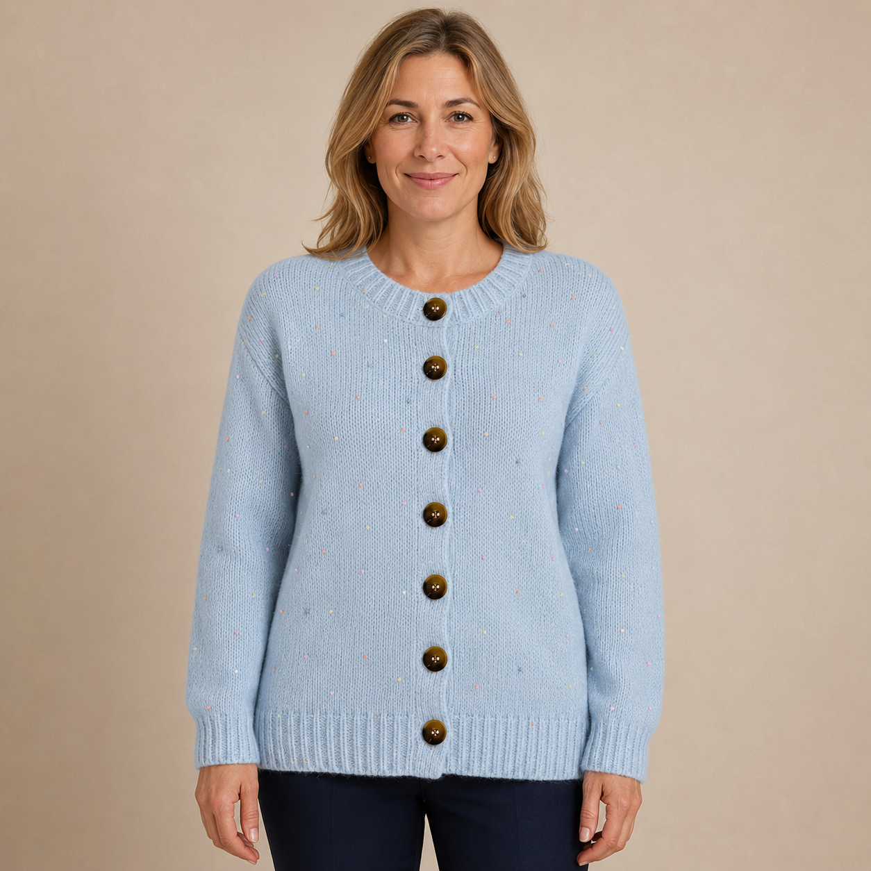 Dames Vest Wit – Gebreid Cardigan met Knopen, Ronde Hals en Lange Mouwen