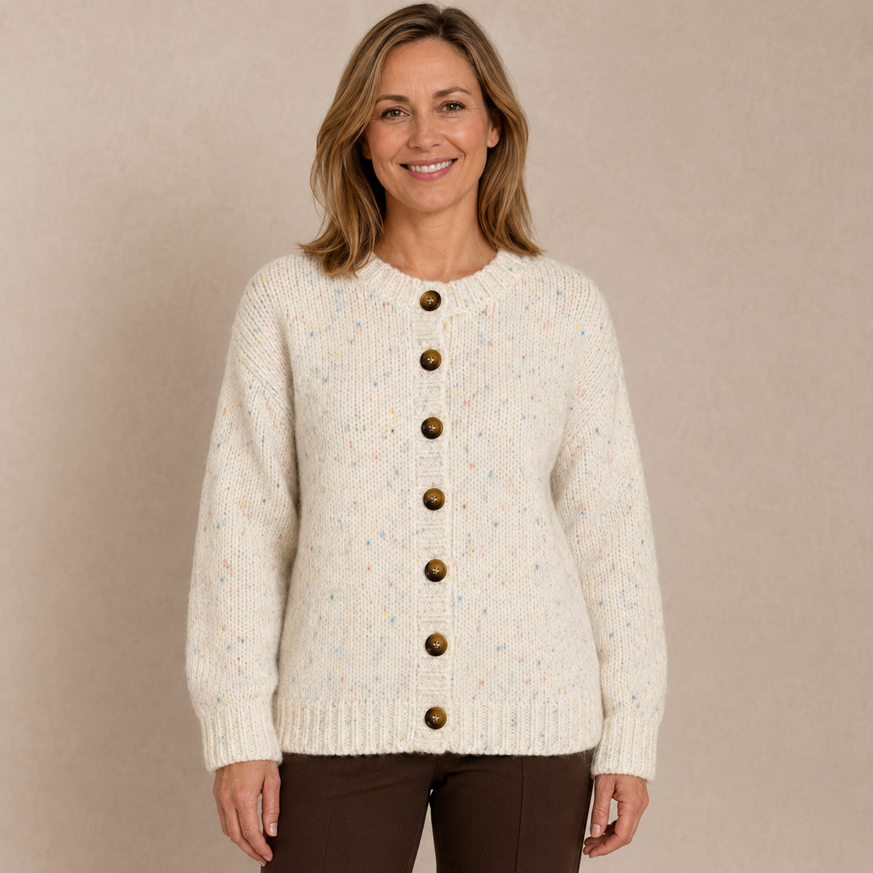 Dames Vest Wit – Gebreid Cardigan met Knopen, Ronde Hals en Lange Mouwen