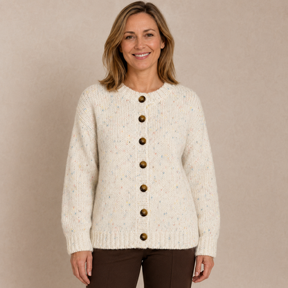 Dames Vest Wit – Gebreid Cardigan met Knopen, Ronde Hals en Lange Mouwen