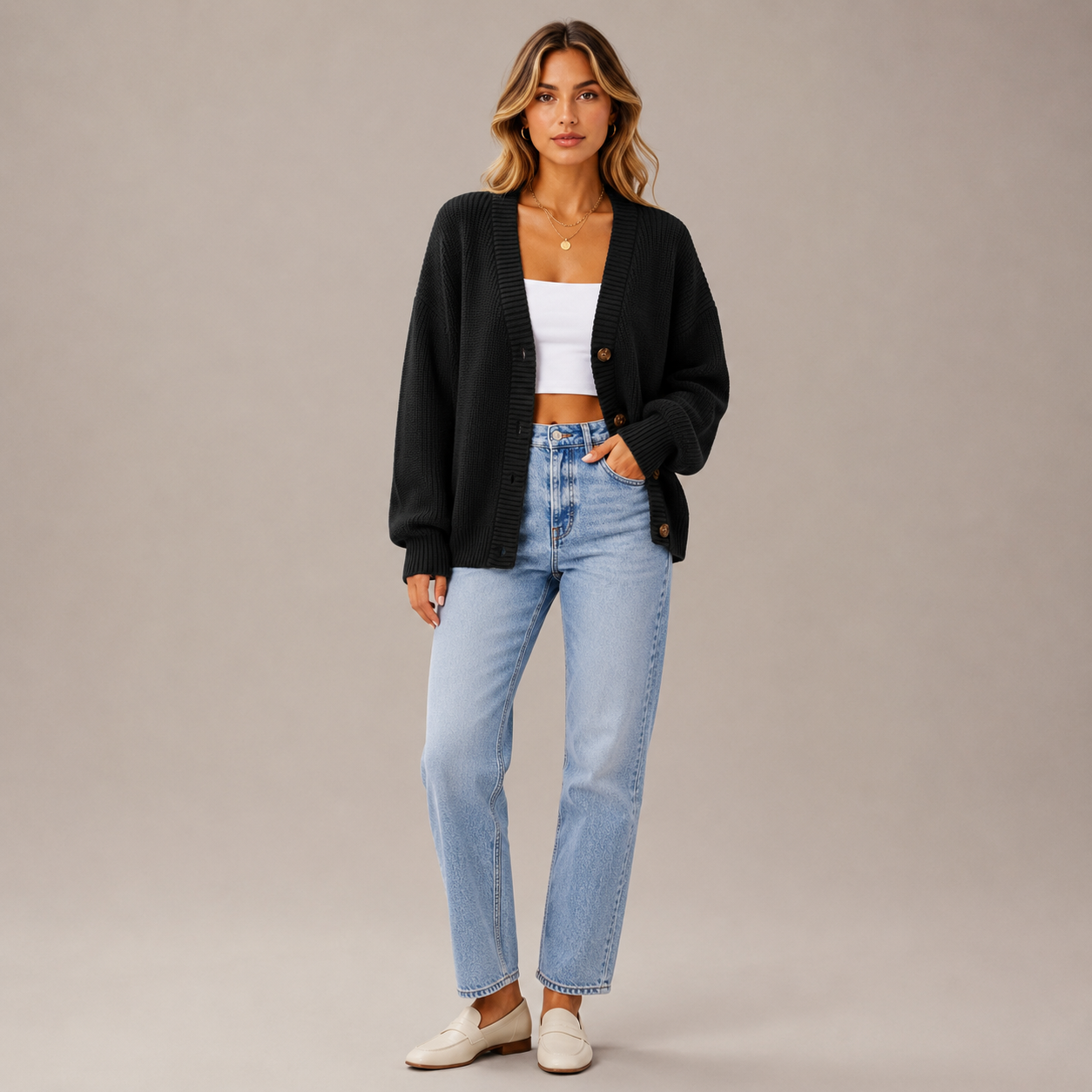 Dames Vest – Gebreid Cardigan met Knopen, V-Hals en Lange Mouwen