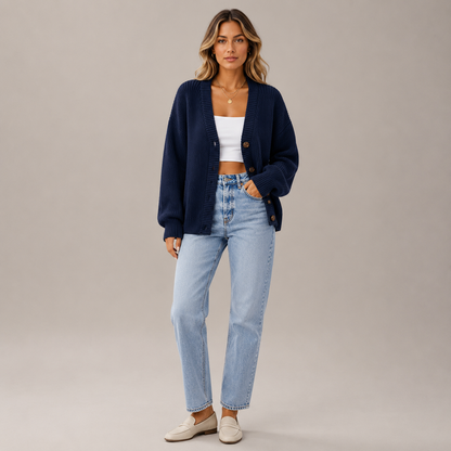 Dames Vest – Gebreid Cardigan met Knopen, V-Hals en Lange Mouwen
