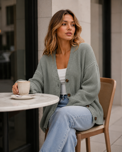 Dames Vest – Gebreid Cardigan met Knopen, V-Hals en Lange Mouwen