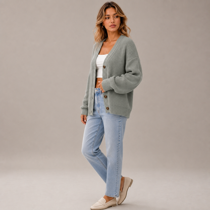 Dames Vest – Gebreid Cardigan met Knopen, V-Hals en Lange Mouwen