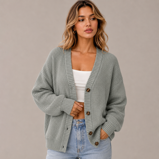 Dames Vest – Gebreid Cardigan met Knopen, V-Hals en Lange Mouwen