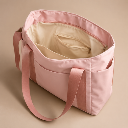 Binnenkant van een roze shopper met lichte voering, vakverdeling en een ritsvak.