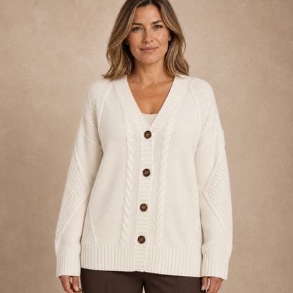 Plus Size Dames Vest Wit – Gebreid Kabel Cardigan met Knopen en V-Hals