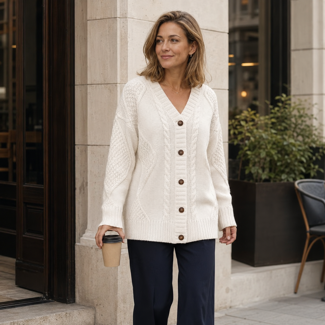 Plus Size Dames Vest Wit – Gebreid Kabel Cardigan met Knopen en V-Hals