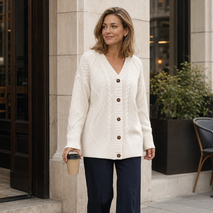 Plus Size Dames Vest Wit – Gebreid Kabel Cardigan met Knopen en V-Hals