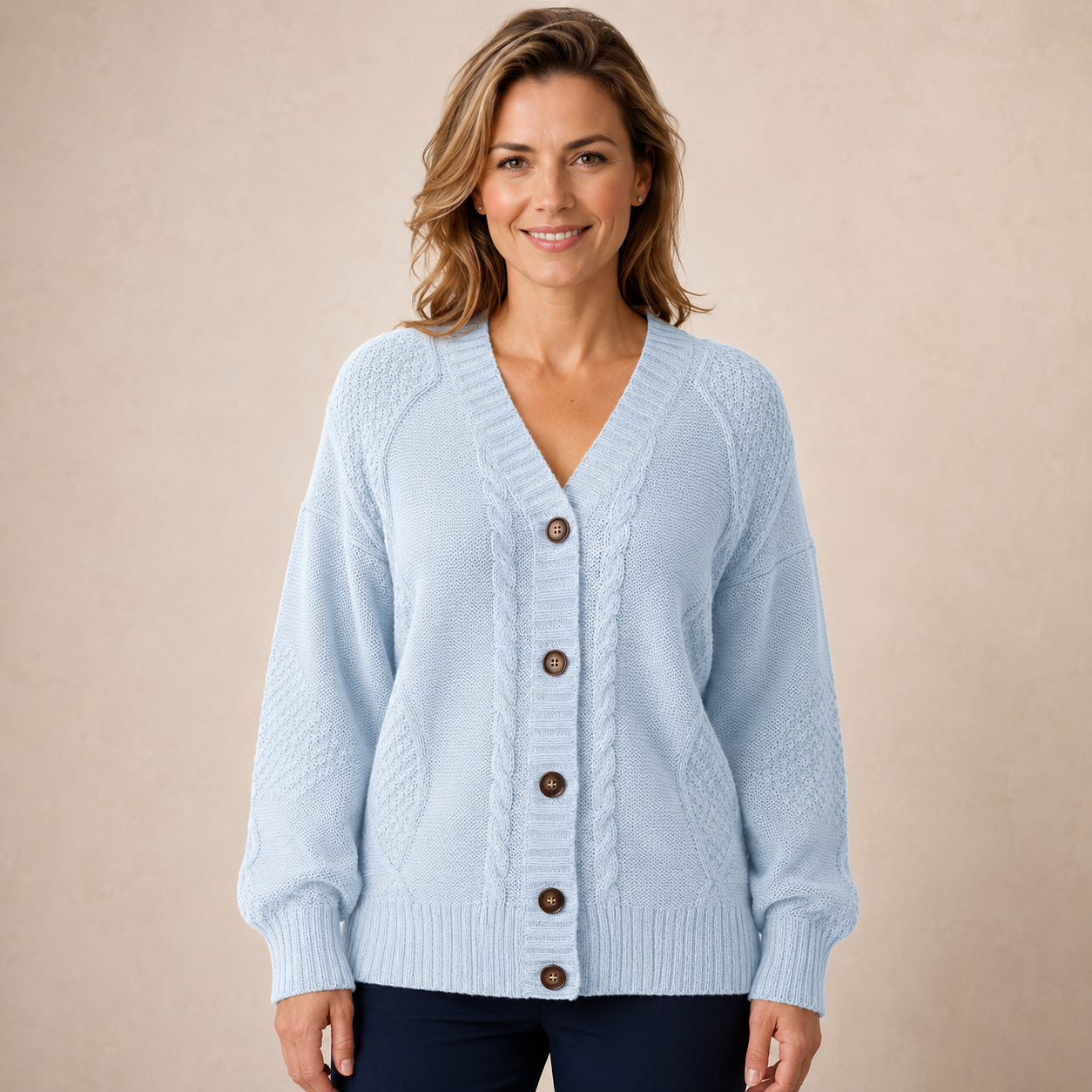 Plus Size Dames Vest Wit – Gebreid Kabel Cardigan met Knopen en V-Hals