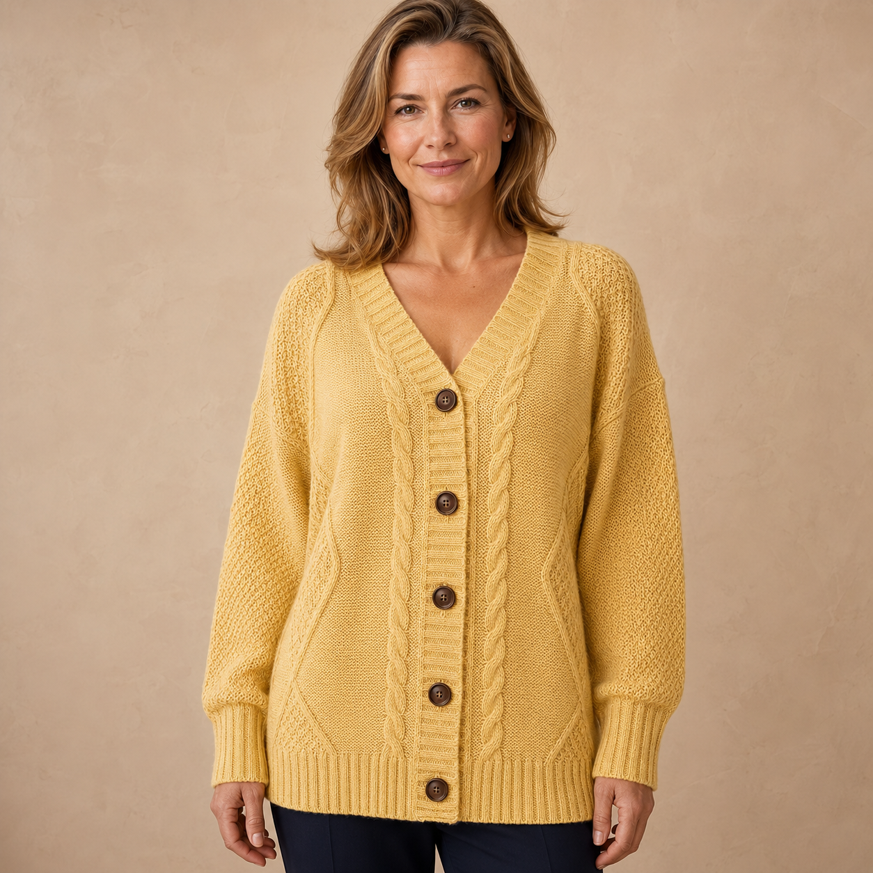 Plus Size Dames Vest Wit – Gebreid Kabel Cardigan met Knopen en V-Hals