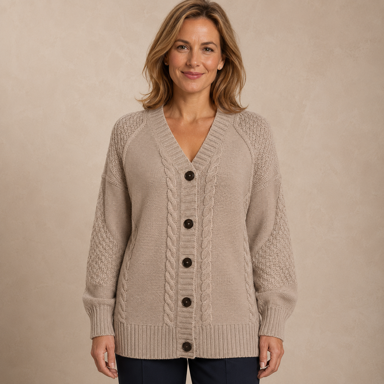 Plus Size Dames Vest Wit – Gebreid Kabel Cardigan met Knopen en V-Hals