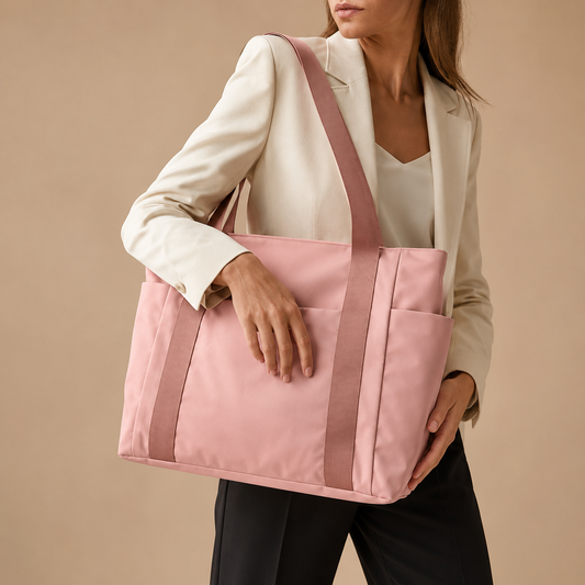 Grote roze damesshopper met lange hengsels en buitenvakken, gedragen over de schouder.